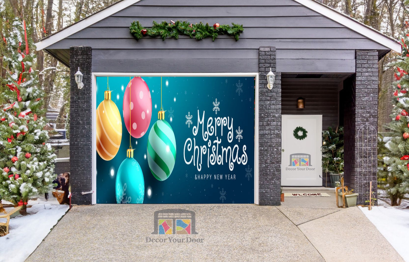 Merry Christmas With Colorful Hanging Xmas Balls In Snowflakes Garage Door Wrap Cover Holiday Decoration