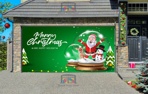 Merry Christmas With Santa Claus Snowman And Reindeer Standing In Crystal Glass Ball Garage Door Wrap Cover Mural Decoration