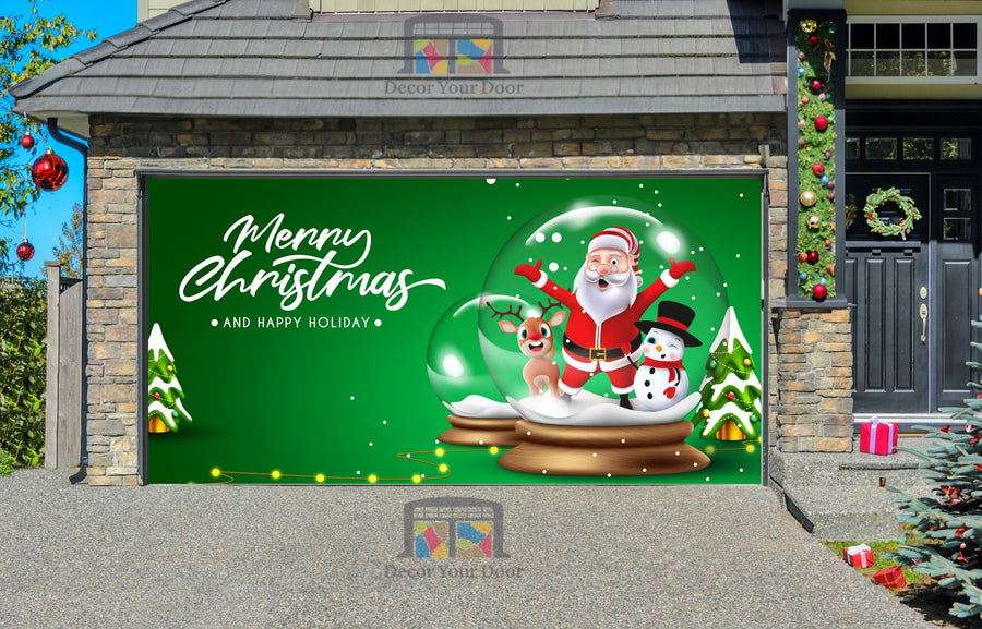 Merry Christmas With Santa Claus Snowman And Reindeer Standing In Crystal Glass Ball Garage Door Wrap Cover Mural Decoration