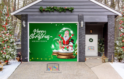 Merry Christmas With Santa Claus Snowman And Reindeer Standing In Crystal Glass Ball Garage Door Wrap Cover Mural Decoration