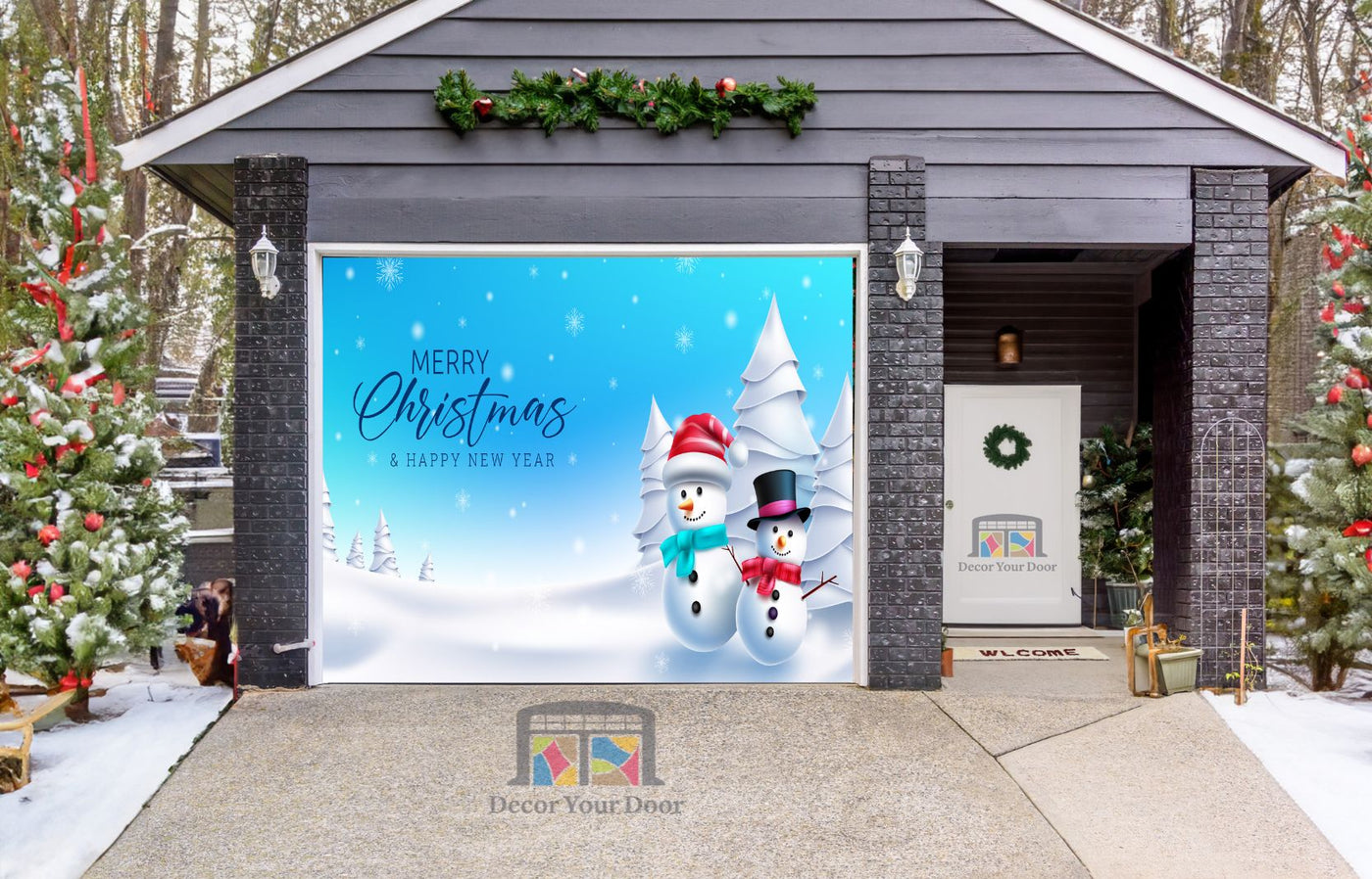 Merry Christmas With Snow Man Wonder Land Garage Door Wrap Cover Mural Decoration