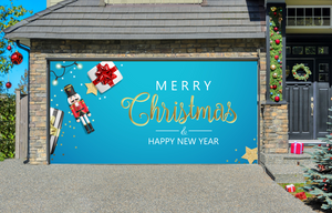 Merry Christmas With Gifts, Presents, Lights, Stars Glitter Gold Confetti And Nutcracker Toy Garage Door Cover Wrap Christmas Banner
