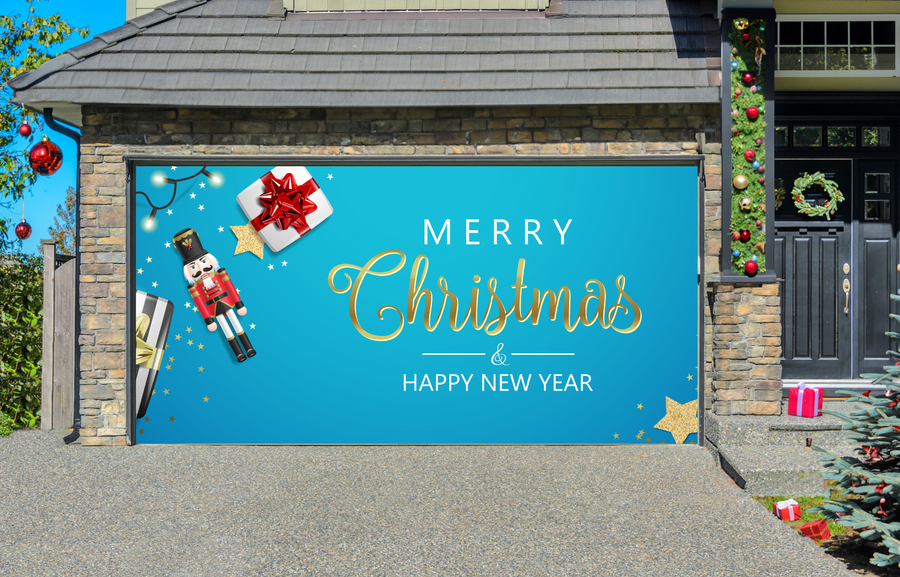 Merry Christmas With Gifts, Presents, Lights, Stars Glitter Gold Confetti And Nutcracker Toy Garage Door Cover Wrap Christmas Banner