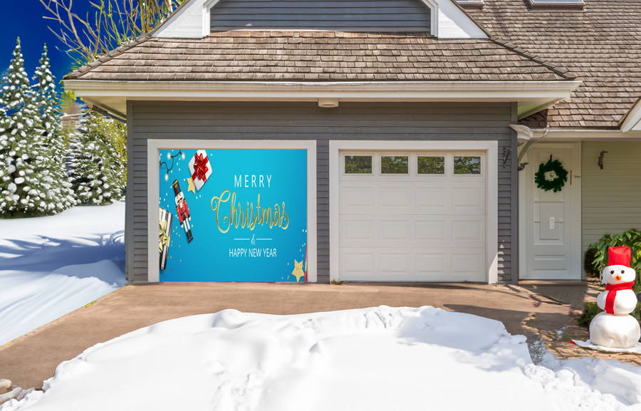 Merry Christmas With Gifts, Presents, Lights, Stars Glitter Gold Confetti And Nutcracker Toy Garage Door Cover Wrap Christmas Banner