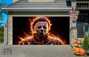 Lona publicitaria de Michael Myers con puerta de garaje en llamas