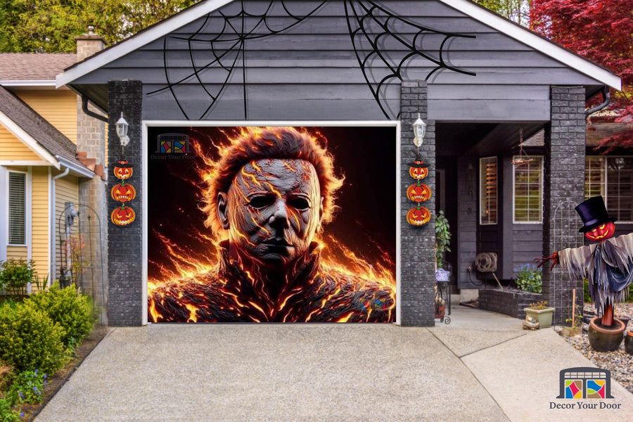 Lona publicitaria de Michael Myers con puerta de garaje en llamas