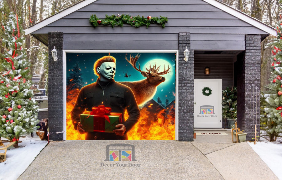 Decoración navideña para puerta de garaje con Michael Myers sosteniendo un regalo