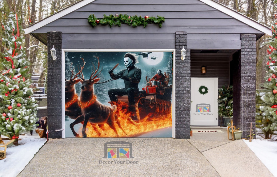 Decoración navideña para puerta de garaje: Michael Myers montando en trineo 