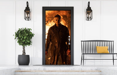Michael Myers at the Burning Entrance Front Door Cover Banner Wrap