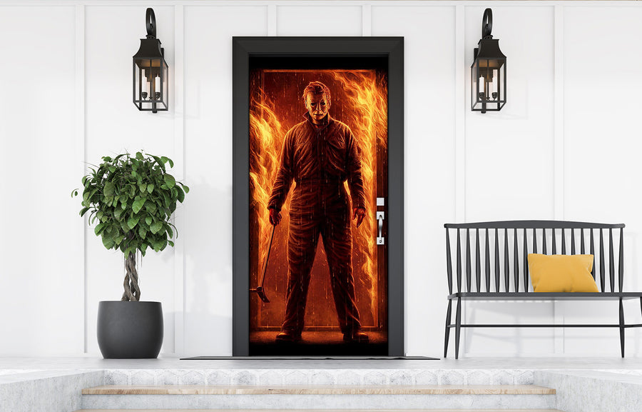 Vinilo decorativo para puerta de entrada con la imagen de Michael Myers en la entrada en llamas (Estilo 2)