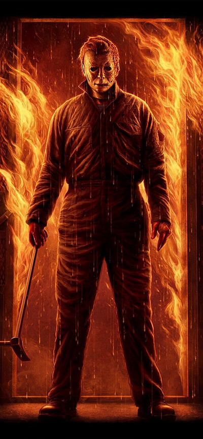 Michael Myers at the Burning Entrance Front Door Cover Banner Wrap (Style 2)