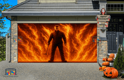 Michael Myers Hellfire Scene garage door cover with fiery flames for Halloween decor.