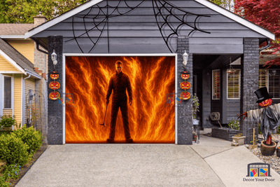 Michael Myers Hellfire Scene garage door cover with fiery Halloween design by Decor Your Door.