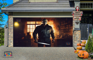 Vinilo decorativo para puerta de garaje con Michael Myers sosteniendo un cuchillo en una escena siniestra - Decora tu puerta