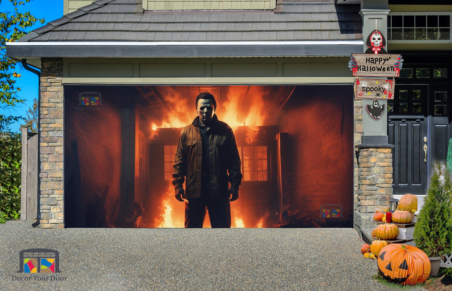Vinilo decorativo para puerta de garaje con Michael Myers en el garaje y llamas ardientes - Decora tu puerta