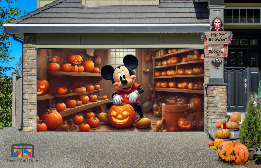 Mickey Mouse en el garaje, alegre amigo calabaza, funda para puerta de garaje - Decora tu puerta