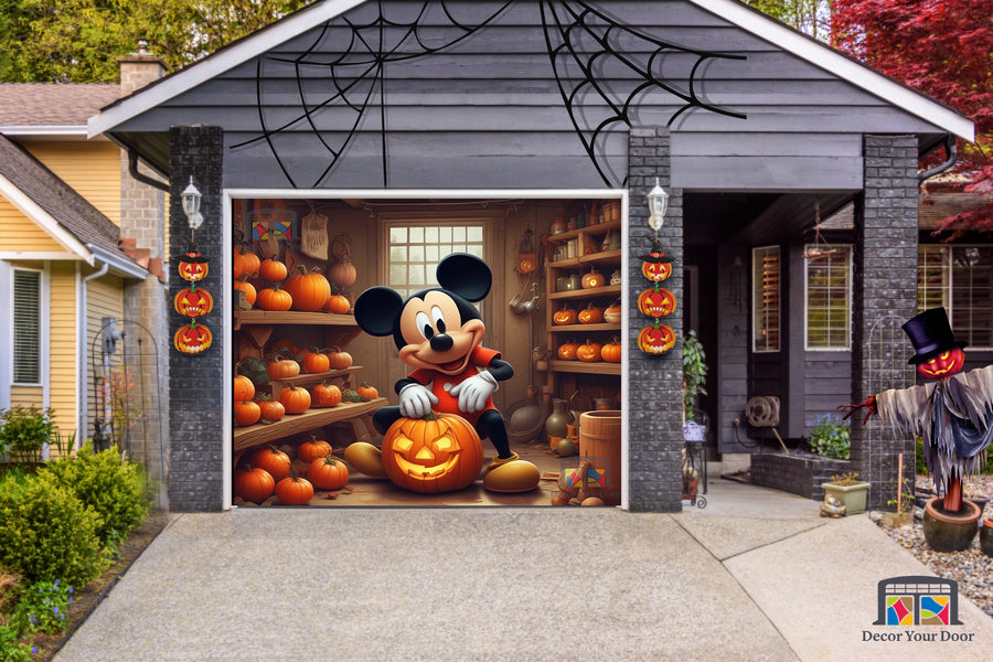 Mickey Mouse en el garaje, alegre amigo calabaza, funda para puerta de garaje - Decora tu puerta