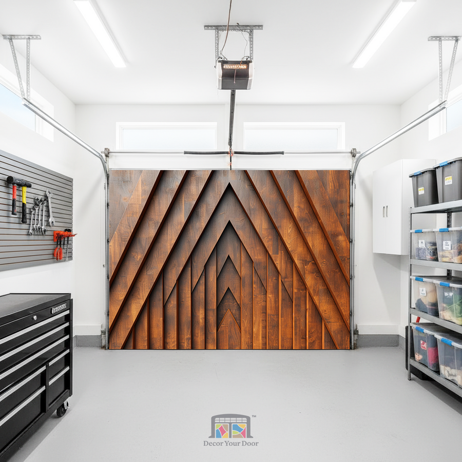 Modern Timber Geometry – Interior Garage Door Cover