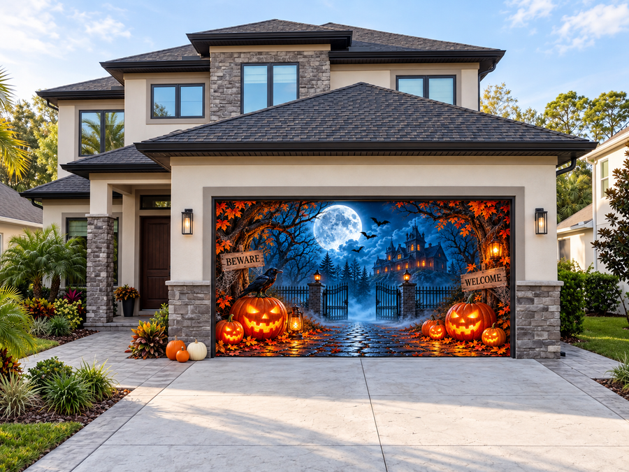 Moonlit Haunted Mansion Halloween Garage Door Cover | Decor Your Door