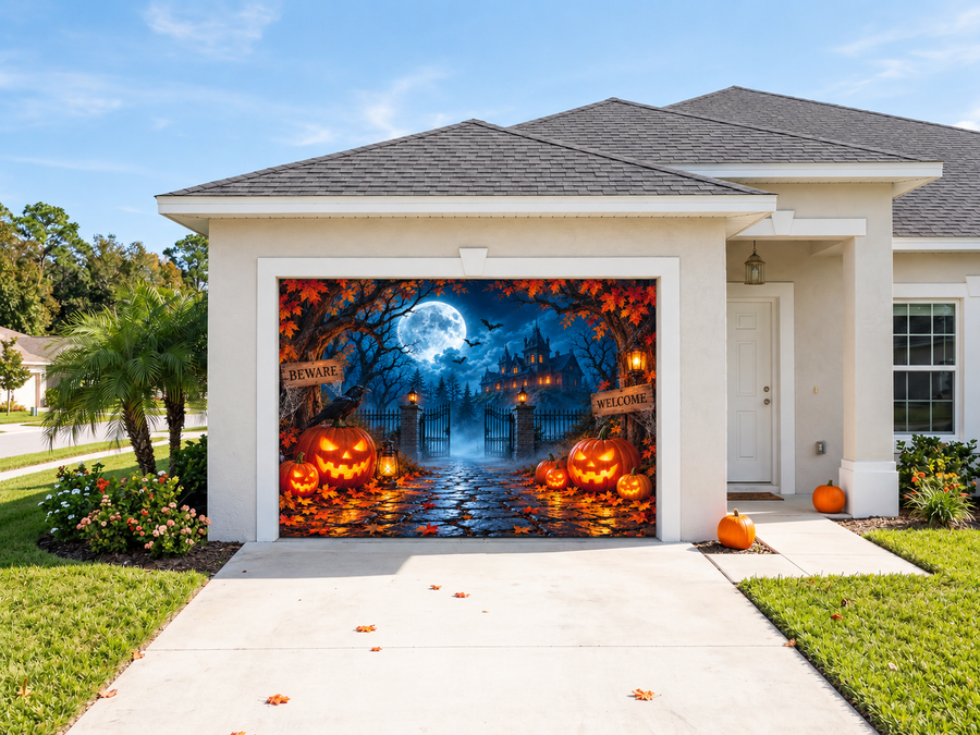 Moonlit Haunted Mansion Halloween Garage Door Cover | Decor Your Door