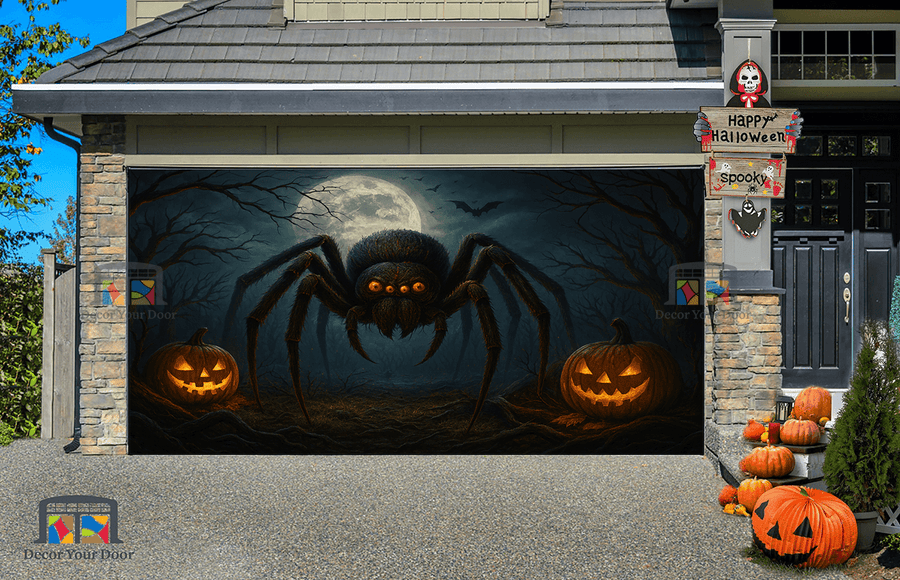 Terror a la luz de la luna: Cubierta gigante para puerta de garaje con forma de araña