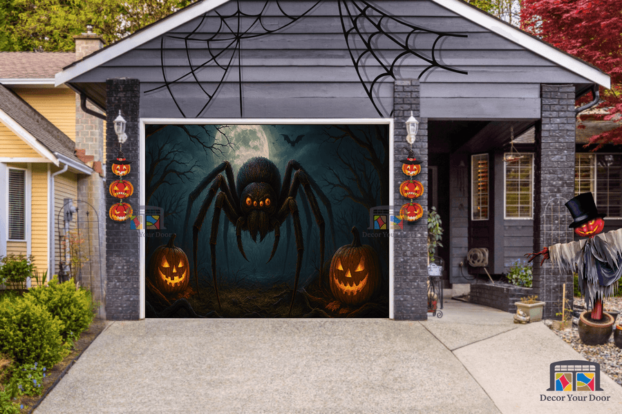 Terror a la luz de la luna: Cubierta gigante para puerta de garaje con forma de araña