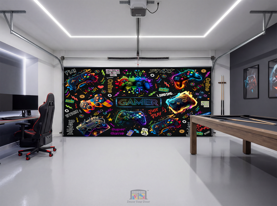 Neon Gamer Collage – Game Room Interior Garage Door Cover