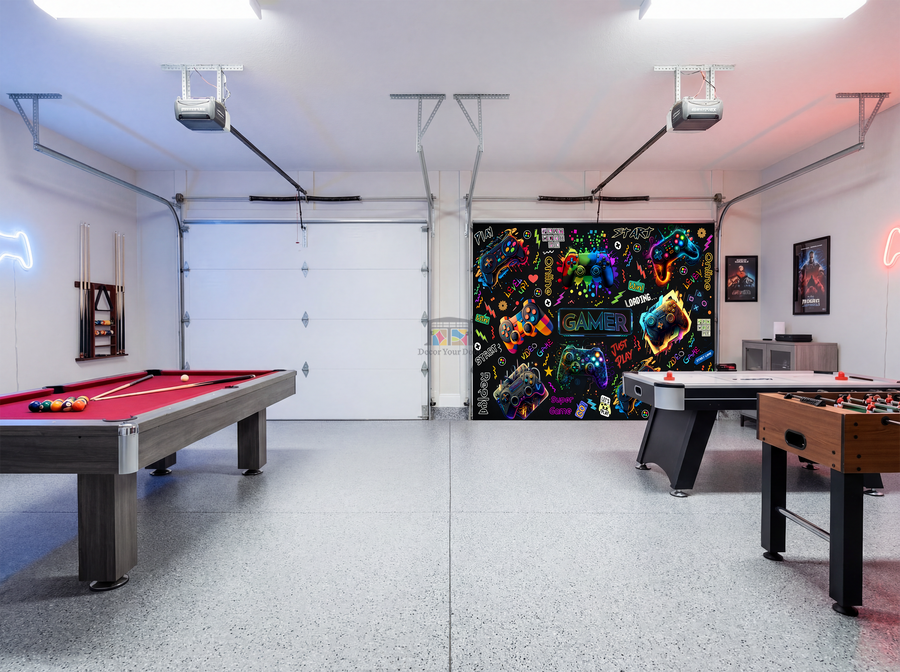 Neon Gamer Collage – Game Room Interior Garage Door Cover