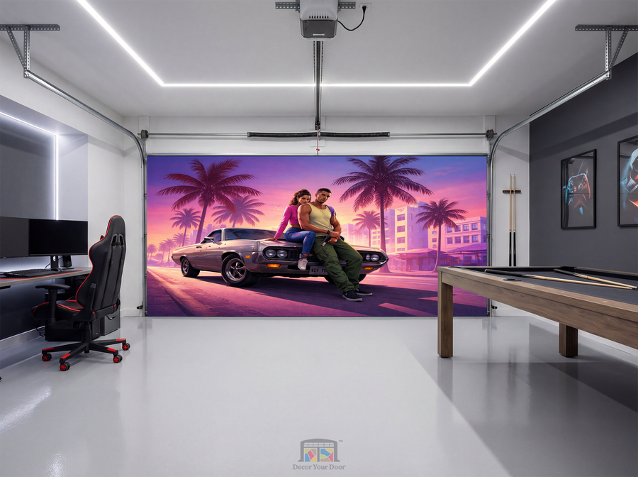 Neon Vice Nights – Game Room Interior Garage Door Cover