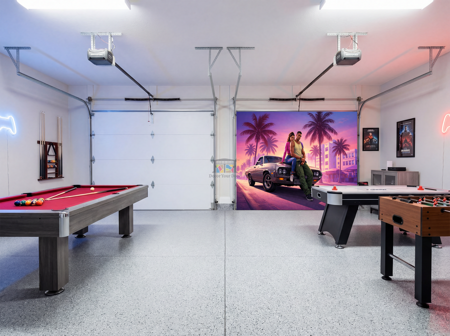 Neon Vice Nights – Game Room Interior Garage Door Cover