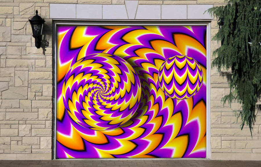 Vinilo adhesivo para puerta de garaje con esferas móviles en color naranja y morado