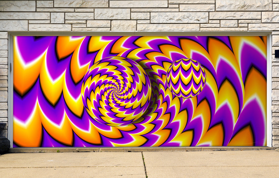 Vinilo adhesivo para puerta de garaje con esferas móviles en color naranja y morado