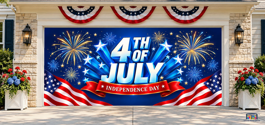 Fireworks Celebration Garage Door Cover — two-car front house view