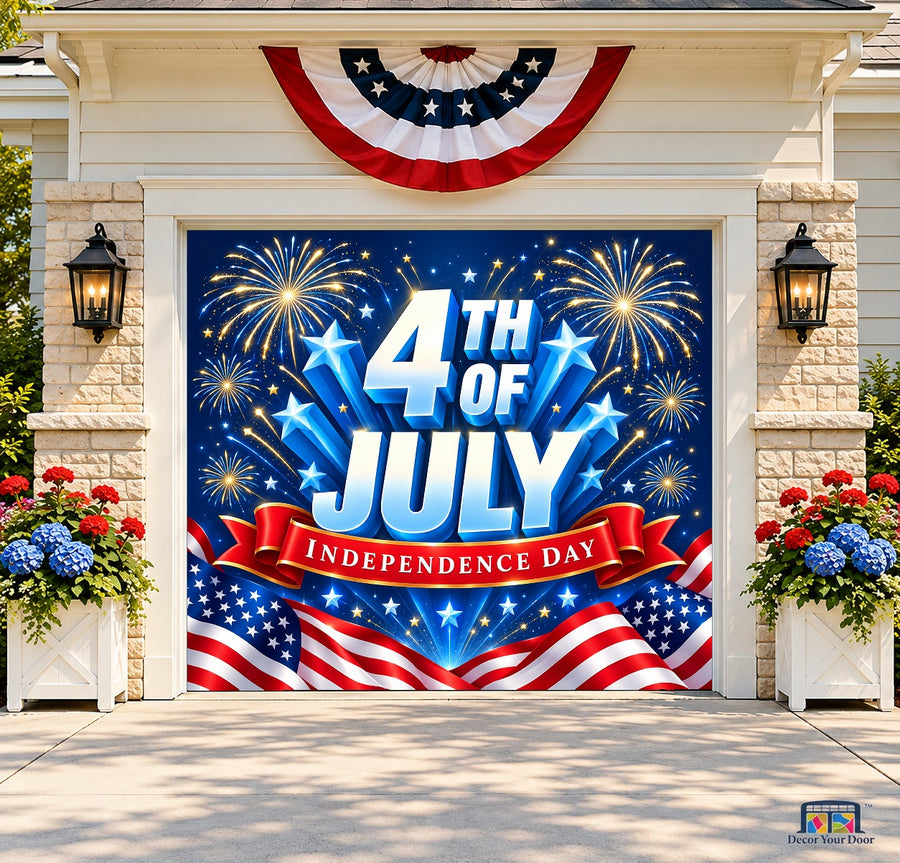 Fireworks Celebration Garage Door Cover — one-car front house view