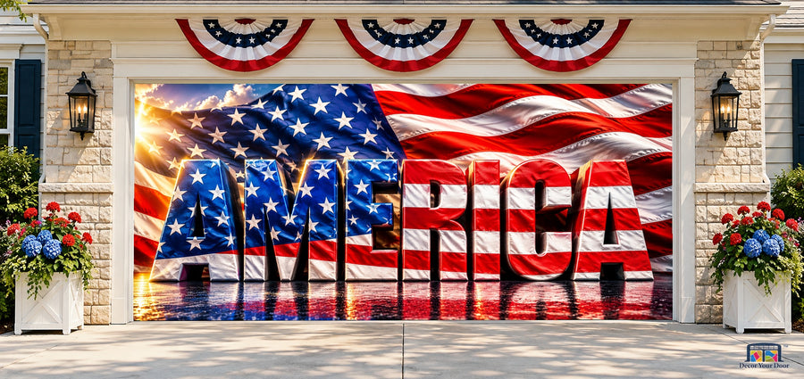 America in Stars and Stripes Garage Door Cover — two-car front house view