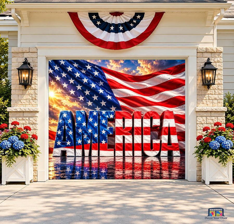 America in Stars and Stripes Garage Door Cover — one-car front house view