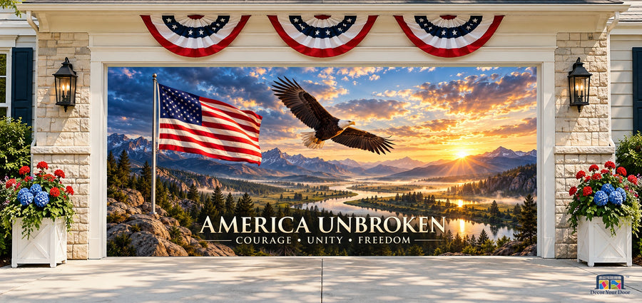 America Unbroken Garage Door Cover — two-car front house view