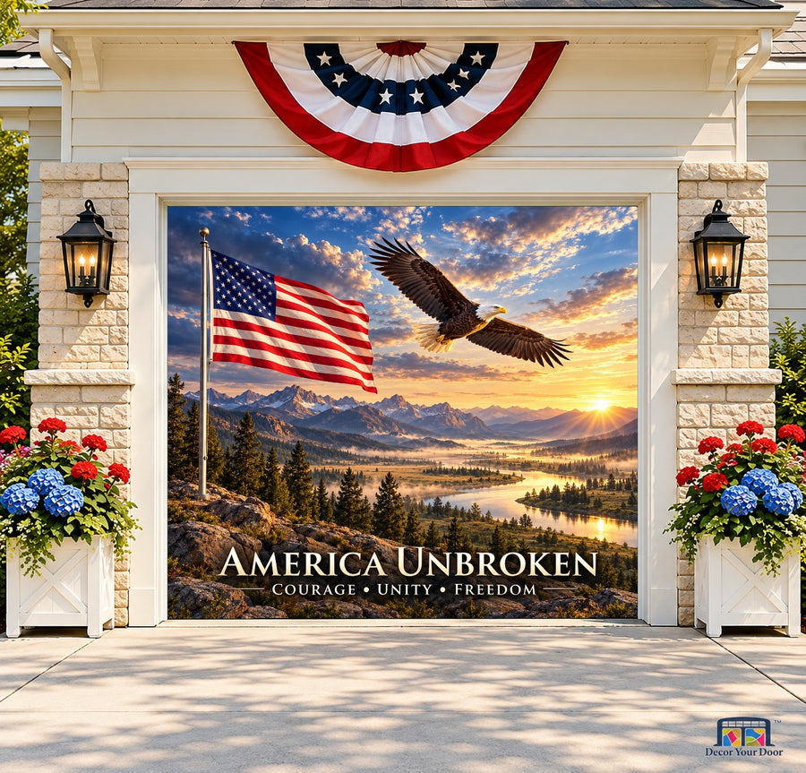 America Unbroken Garage Door Cover — one-car front house view