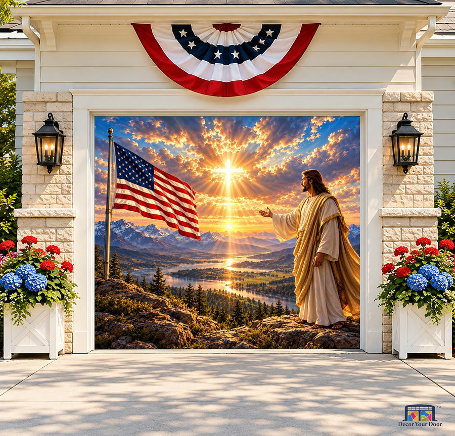 America Under His Light Garage Door Cover — one-car front house view