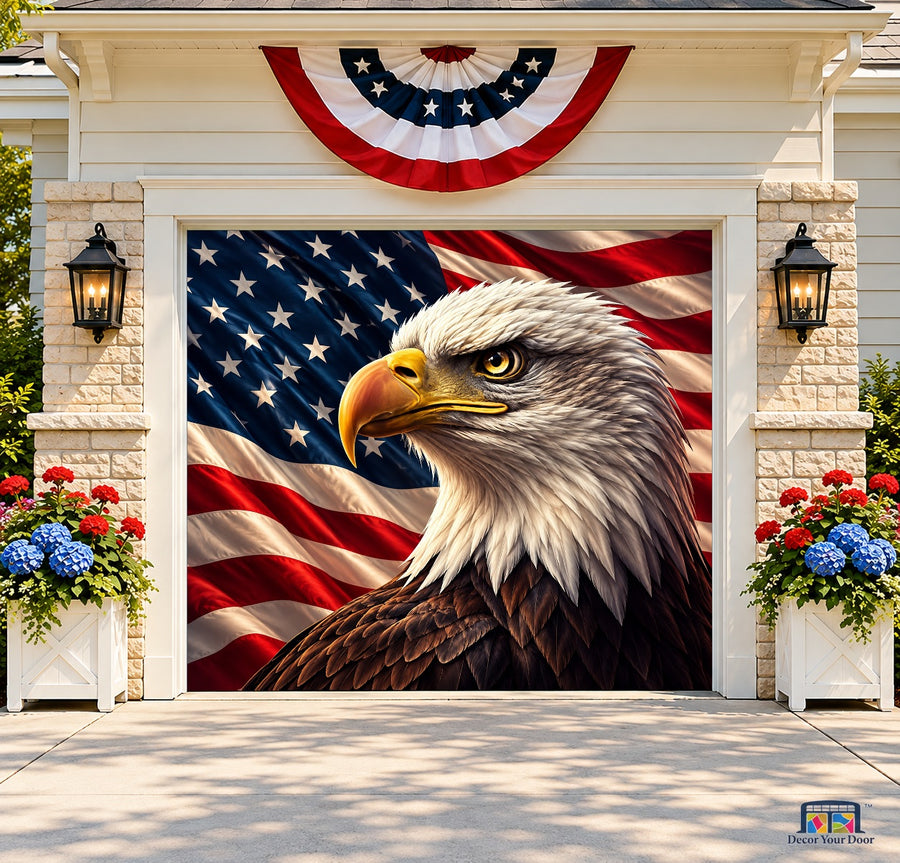 Bald Eagle Portrait Garage Door Cover — one-car front house view