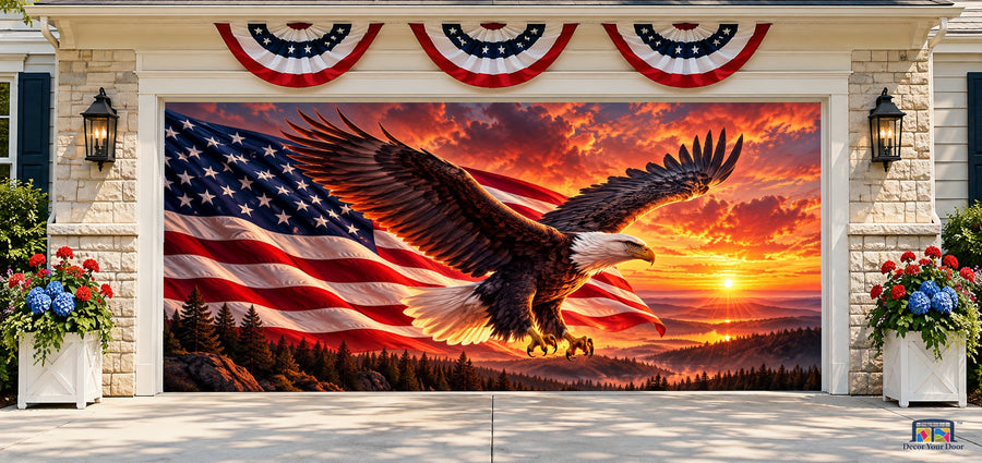 Eagle at Sunset Garage Door Cover — two-car front house view
