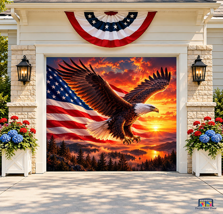 Eagle at Sunset Garage Door Cover — one-car front house view