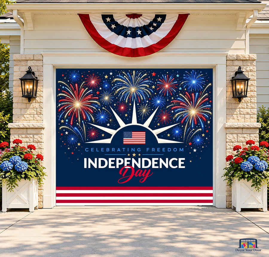 Liberty Fireworks Garage Door Cover — one-car front house view