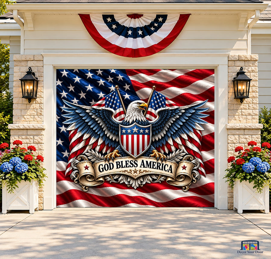 God Bless America Garage Door Cover — one-car front house view
