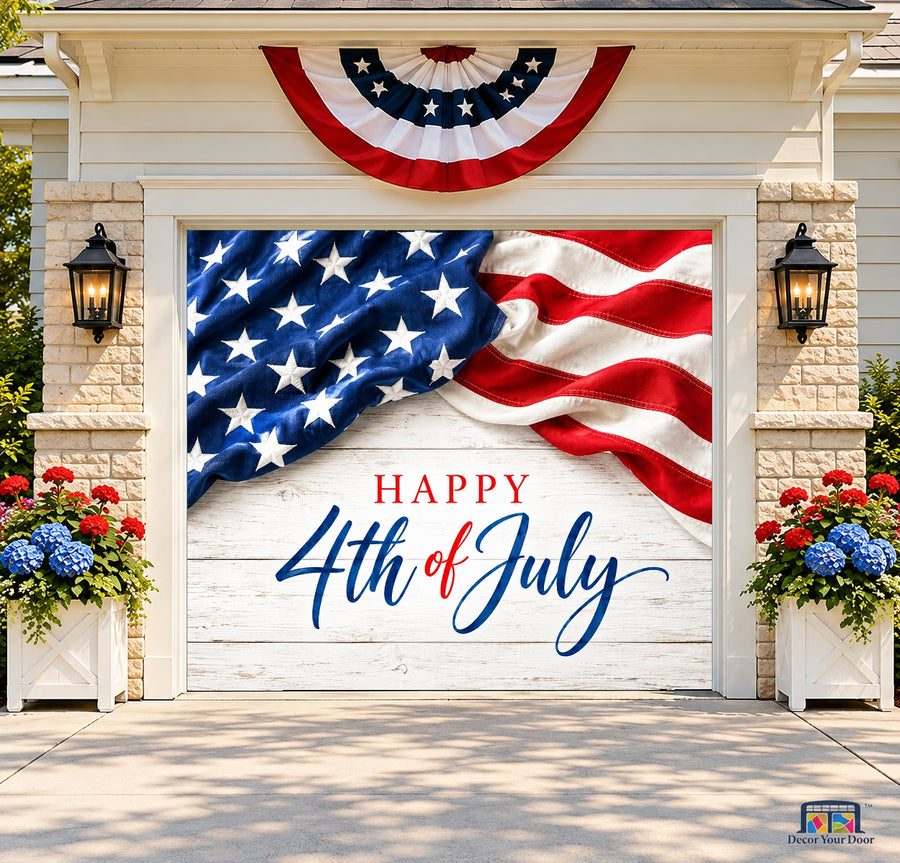 White Wood Celebration Garage Door Cover — one-car front house view