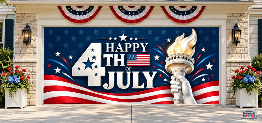 Liberty Torch Celebration Garage Door Cover — two-car front house view