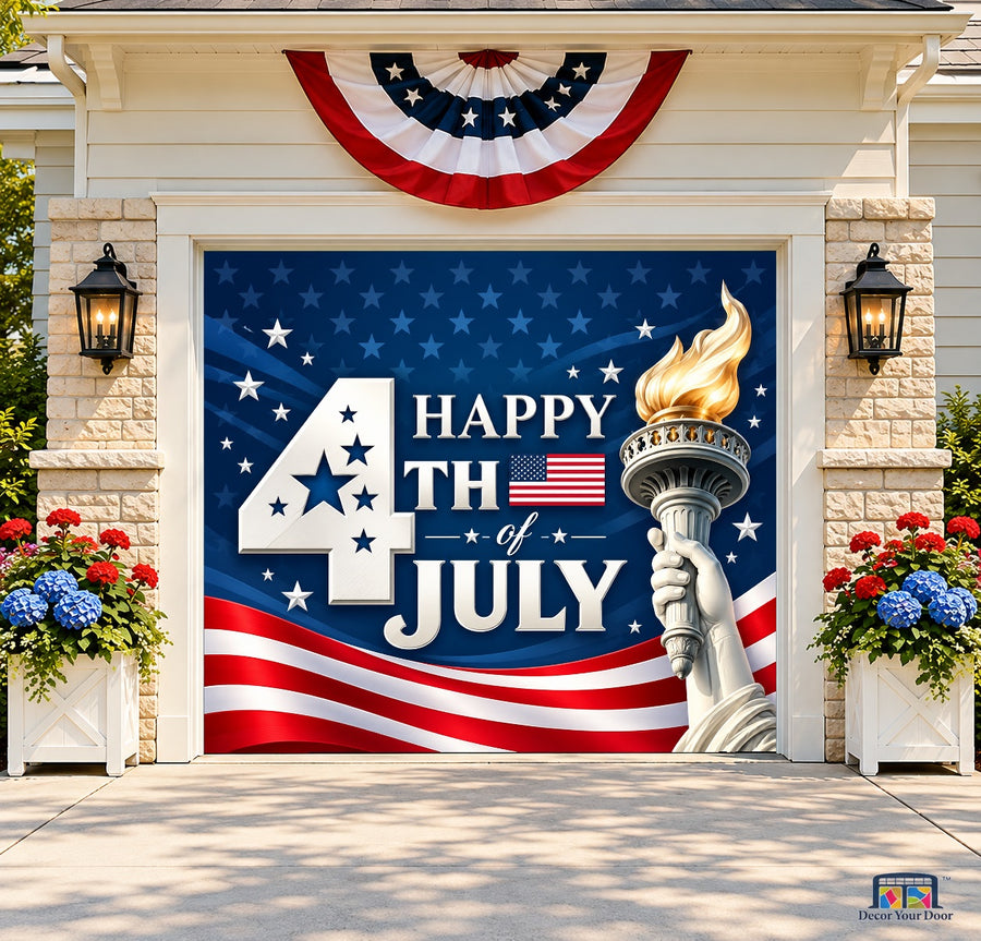 Liberty Torch Celebration Garage Door Cover — one-car front house view