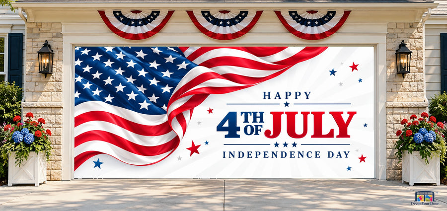 Stars and Stripes Greeting Garage Door Cover — two-car front house view