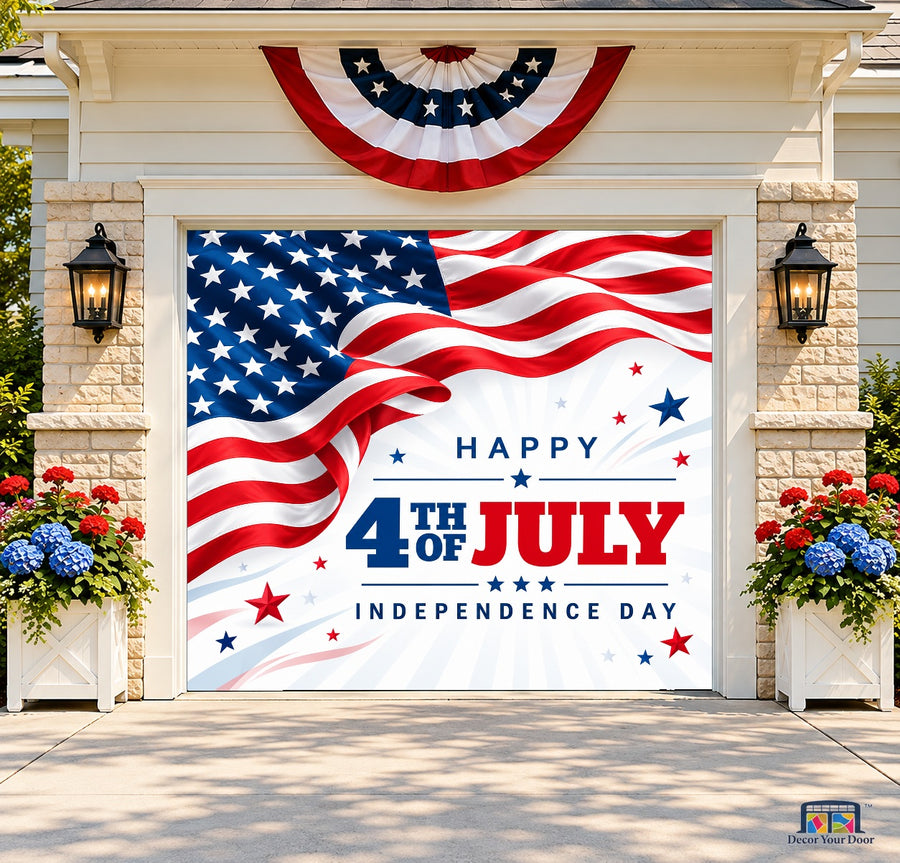 Stars and Stripes Greeting Garage Door Cover — one-car front house view