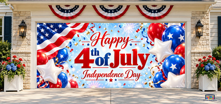 Patriotic Balloon Celebration Garage Door Cover — two-car front house view